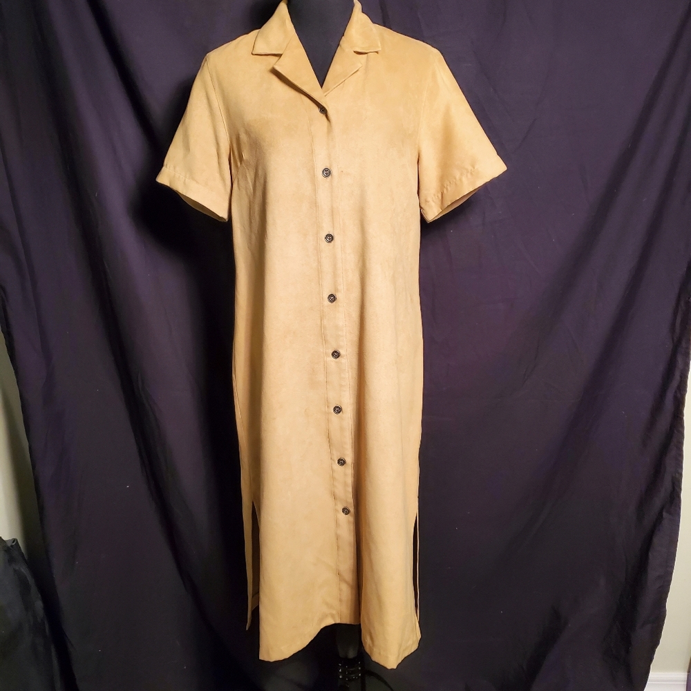 Vintage Patchington Faux Suede Button Up Tan Midi Shirt Dress 12